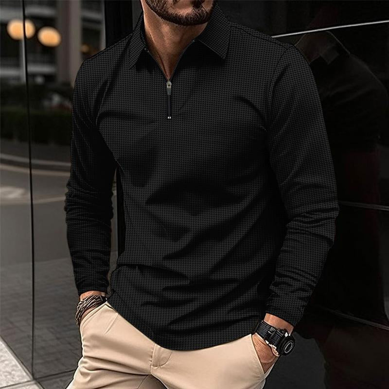 John | Men's Casual Waffle Zipper Long Sleeve Polo Shirt
