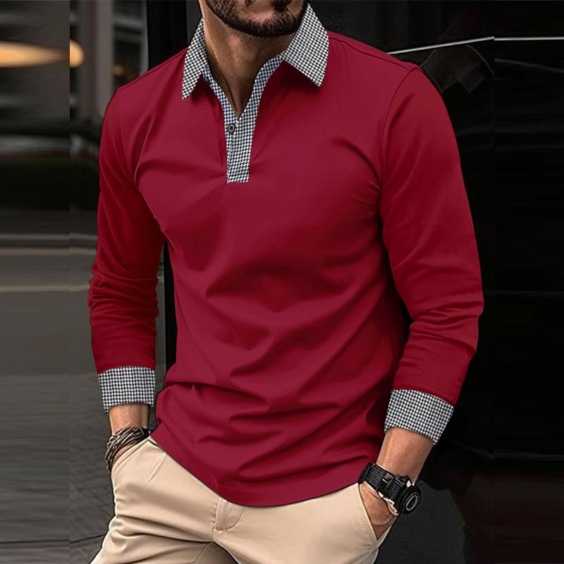 John | Men's Casual Plaid Patchwork Long-Sleeved Polo Shirt