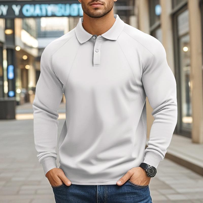 John | Men's Casual Solid Color Lapel Raglan Long Sleeve Polo Shirt