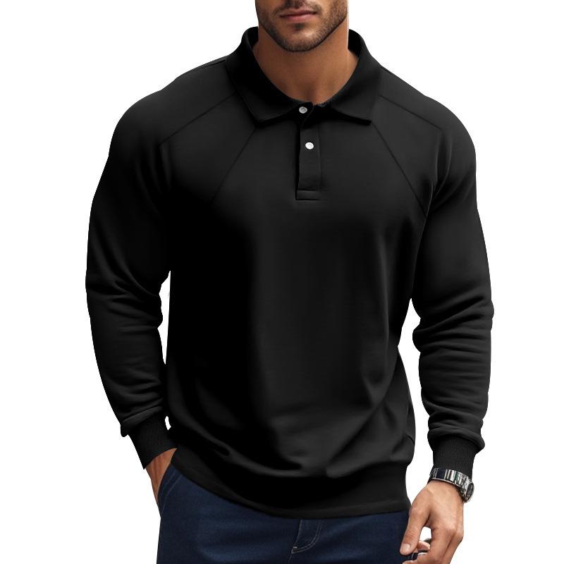 John | Men's Casual Solid Color Lapel Raglan Long Sleeve Polo Shirt