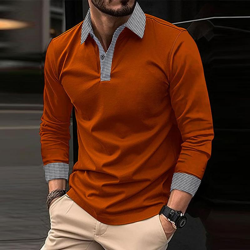 John | Men's Casual Plaid Patchwork Long-Sleeved Polo Shirt