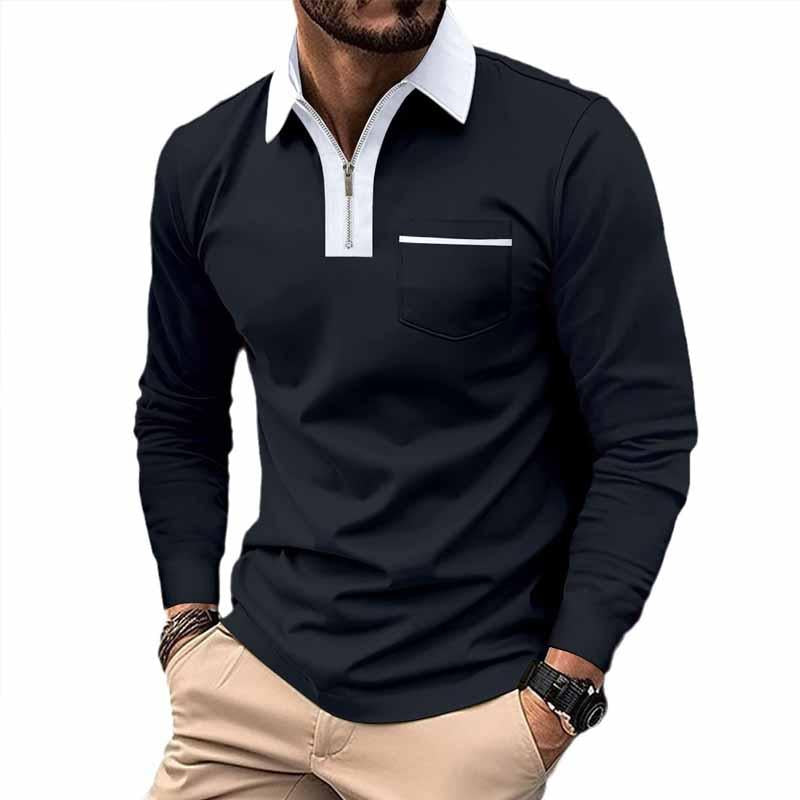 John | Men's Color Block Pocket Long Sleeve POLO Shirt