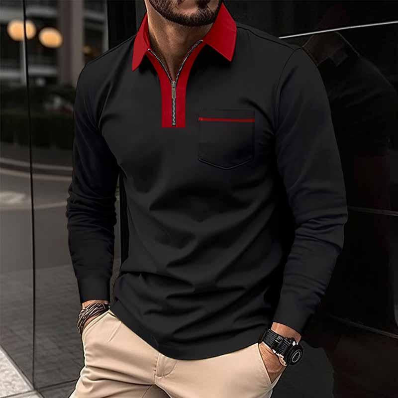 John | Men's Color Block Pocket Long Sleeve POLO Shirt