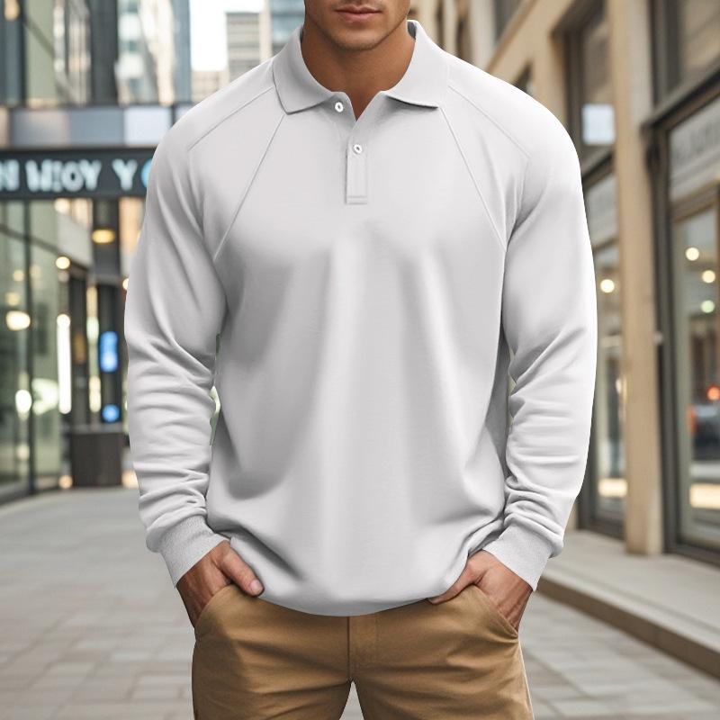 John | Men's Casual Solid Color Lapel Raglan Long Sleeve Polo Shirt