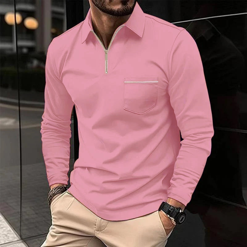 John | Men's Solid Zipper Lapel Breast Pocket Long Sleeve Polo Shirt
