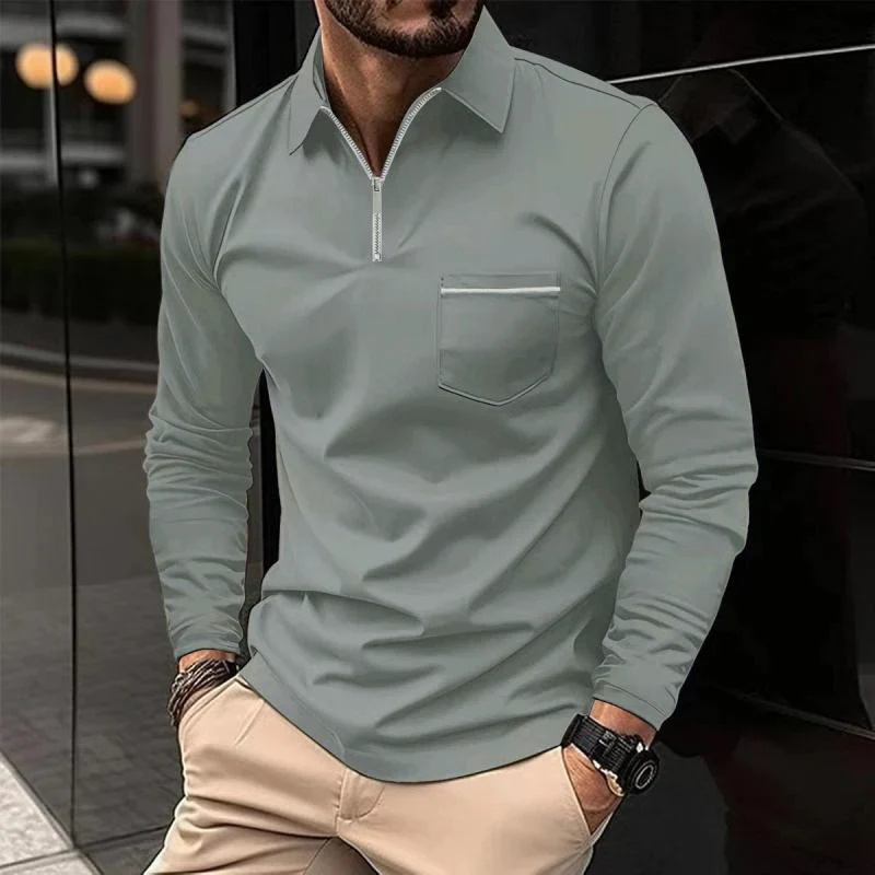 John | Men's Solid Zipper Lapel Breast Pocket Long Sleeve Polo Shirt