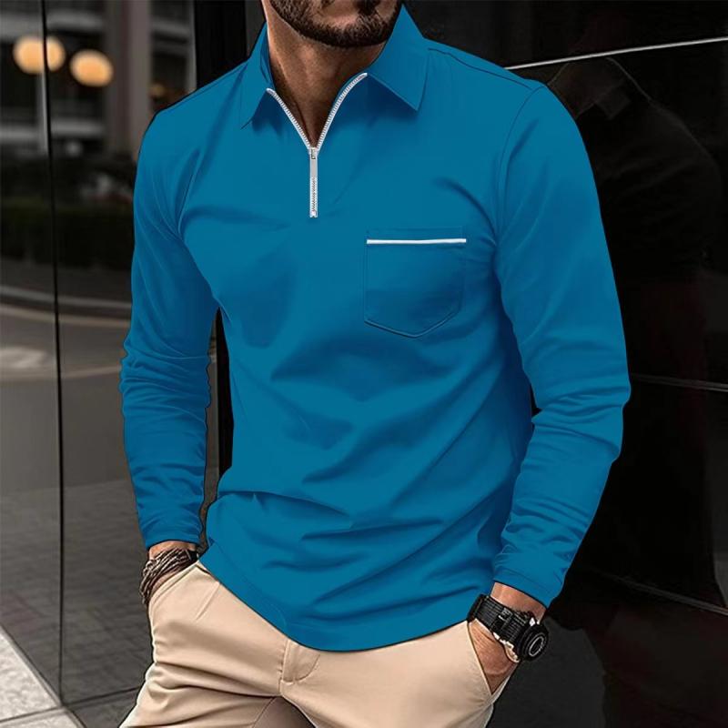 John | Men's Solid Zipper Lapel Breast Pocket Long Sleeve Polo Shirt