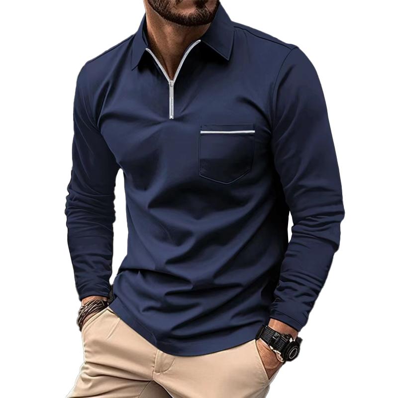 John | Men's Solid Zipper Lapel Breast Pocket Long Sleeve Polo Shirt