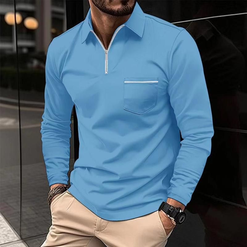 John | Men's Solid Zipper Lapel Breast Pocket Long Sleeve Polo Shirt