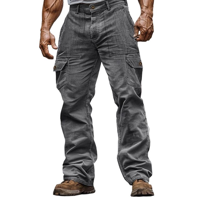 John | Men's Solid Color Corduroy Multi-Pocket Cargo Straight Pants