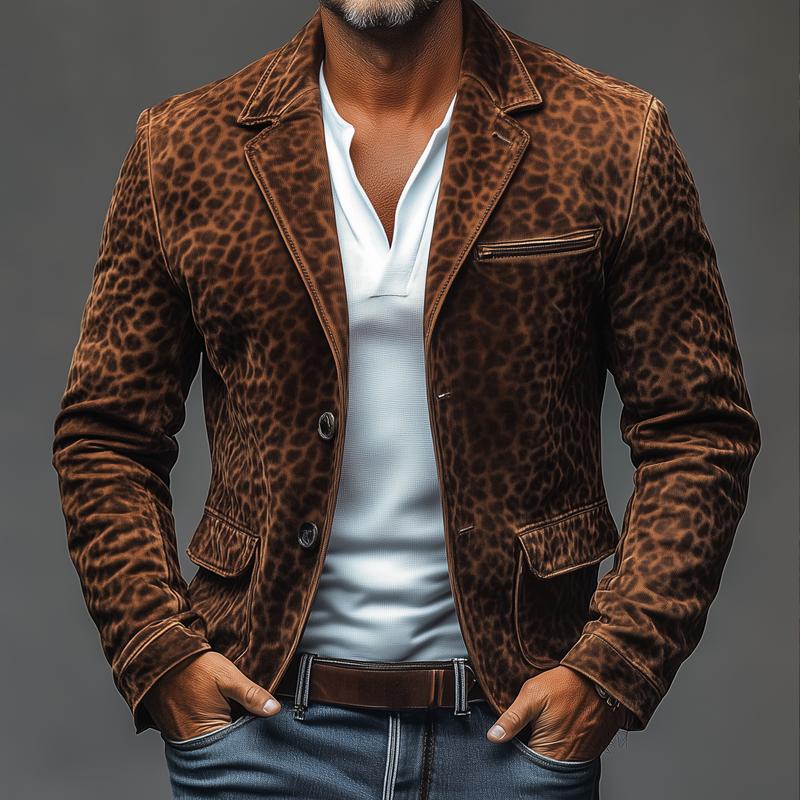 ARMANI | Men's Vintage Leopard Suede  Notch Lapel Multi-pocket Single Breasted Blazer