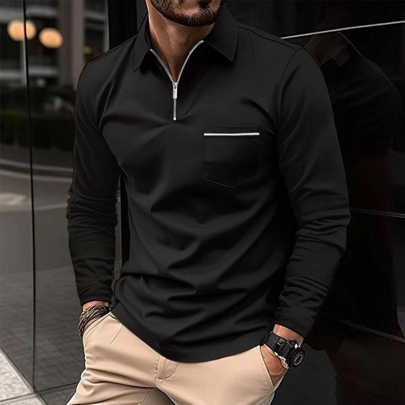 John | Men's Solid Zipper Lapel Breast Pocket Long Sleeve Polo Shirt