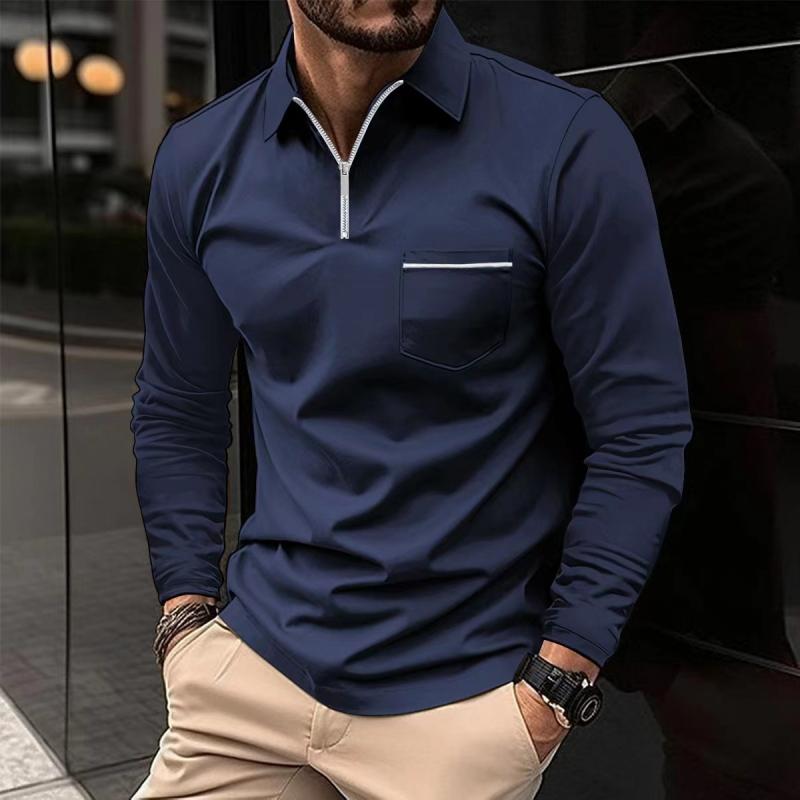 John | Men's Solid Zipper Lapel Breast Pocket Long Sleeve Polo Shirt