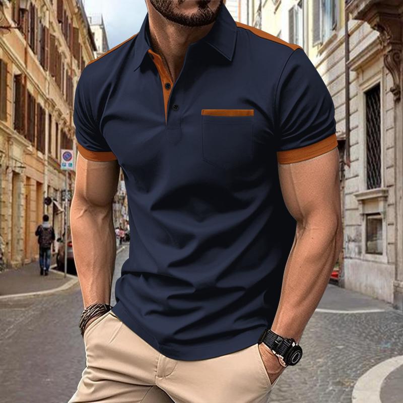 John | Men's Colorblock Chest Pocket Lapel Cotton Blend Short Sleeve Polo Shirt