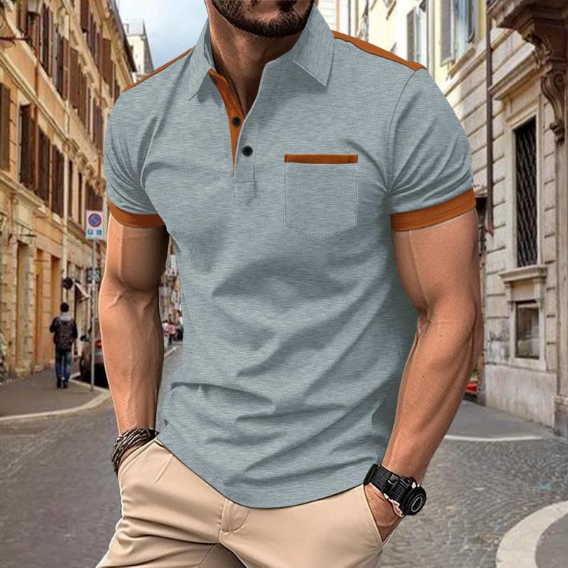 John | Men's Colorblock Chest Pocket Lapel Cotton Blend Short Sleeve Polo Shirt