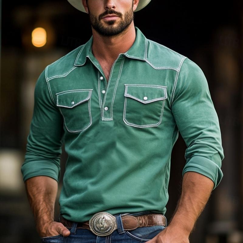 John | Men's Fashion Suede Western Style Slim Fit Long Sleeve Polo Shirt