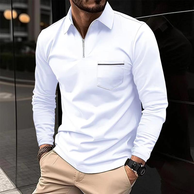 John | Men's Solid Zipper Lapel Breast Pocket Long Sleeve Polo Shirt