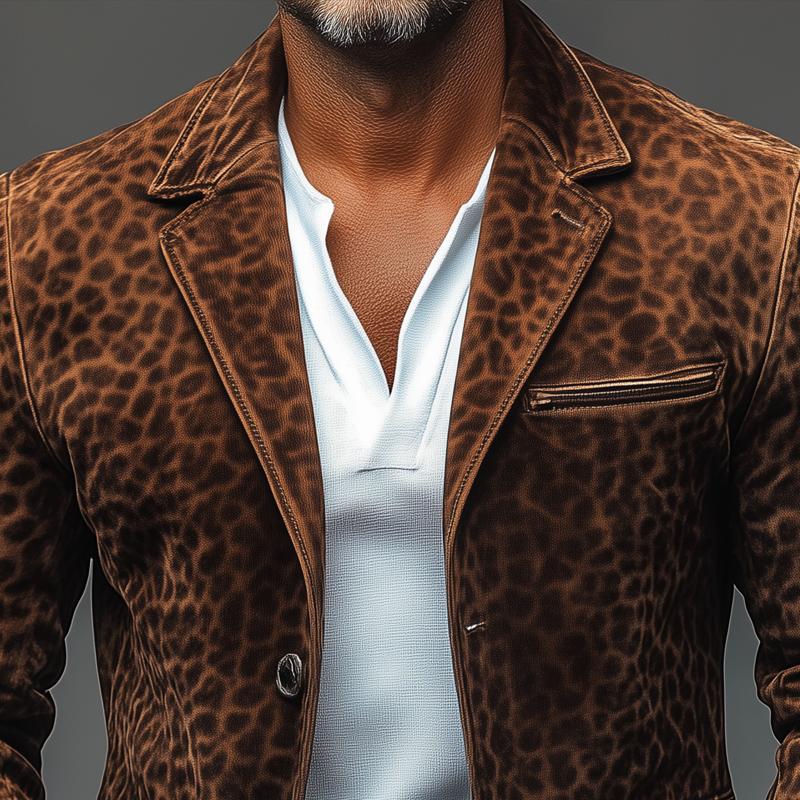 ARMANI | Men's Vintage Leopard Suede  Notch Lapel Multi-pocket Single Breasted Blazer